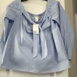 H&M Blue and White Puff Sleeve Blouse with Tie Front